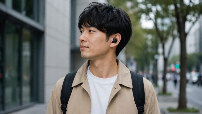 服装になじむ黒いワイヤレスイヤホンを装着して外出する日本人男性