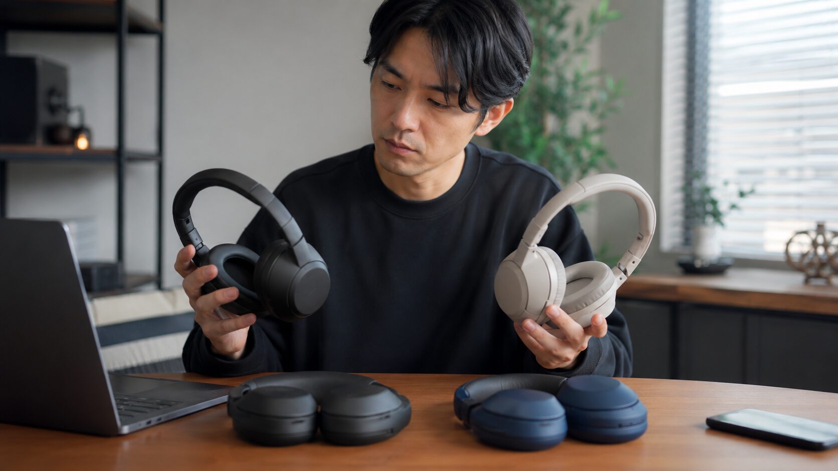 WH-1000XM6を買うべきか検討する日本人男性とワイヤレスヘッドホン