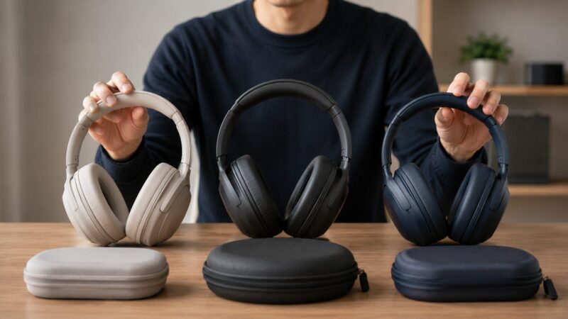 複数の高級ノイズキャンセリングヘッドホンを比較する様子