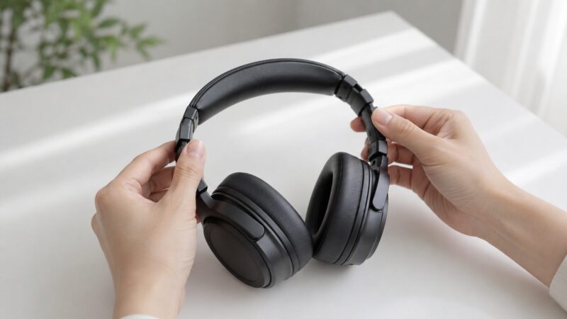 　WH-ULT900Nのヒンジや回転軸など可動部の不安点を確認している様子