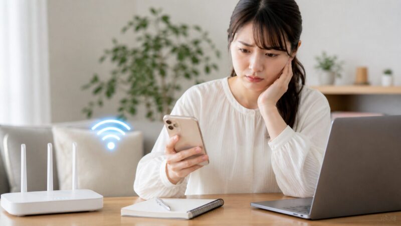 iPhone17のWi-Fiや通信不具合を確認する日本人女性