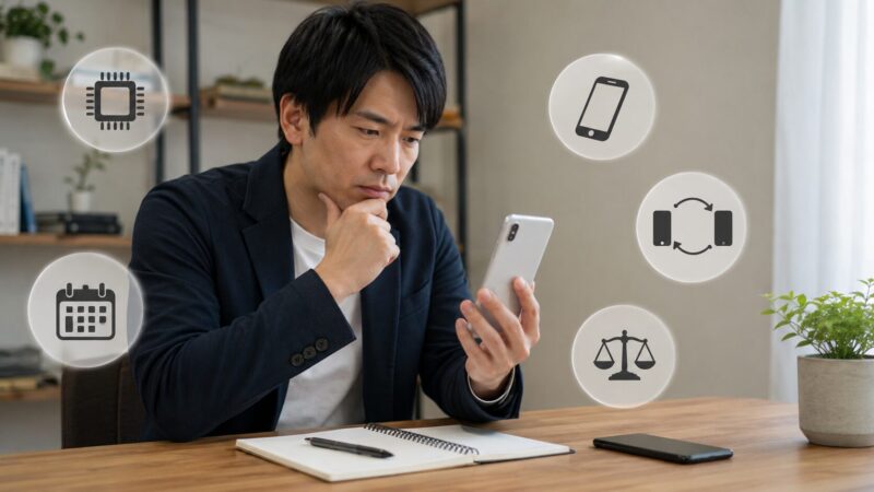 Xperia Ace IIIが安い理由をデスクで確認する日本人男性のイメージ