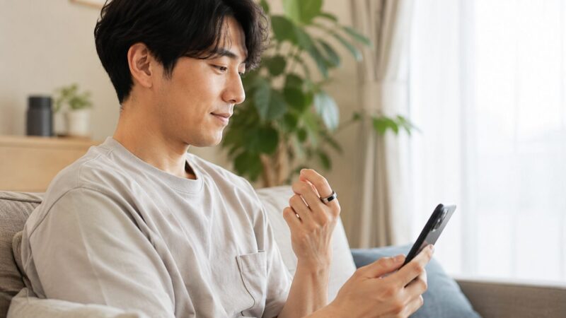 b.ringで睡眠と健康ログを確認する日本人男性