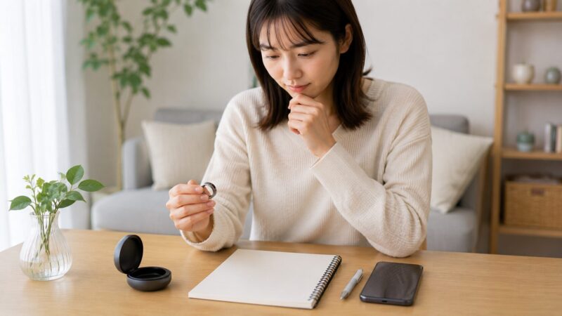 b.ring購入前にサイズや素材を確認する日本人女性
