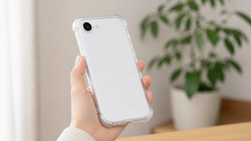 　厚みのある透明クリアケースを装着したiPhone 17eの手持ちイメージ