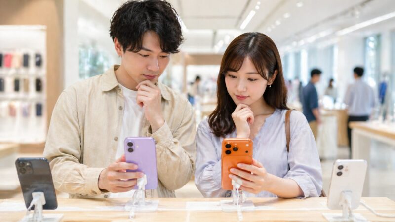 iPhone 17とiPhone 17 Proの人気を比較しながら店頭で選んでいる日本人ユーザーのイメージ画像。