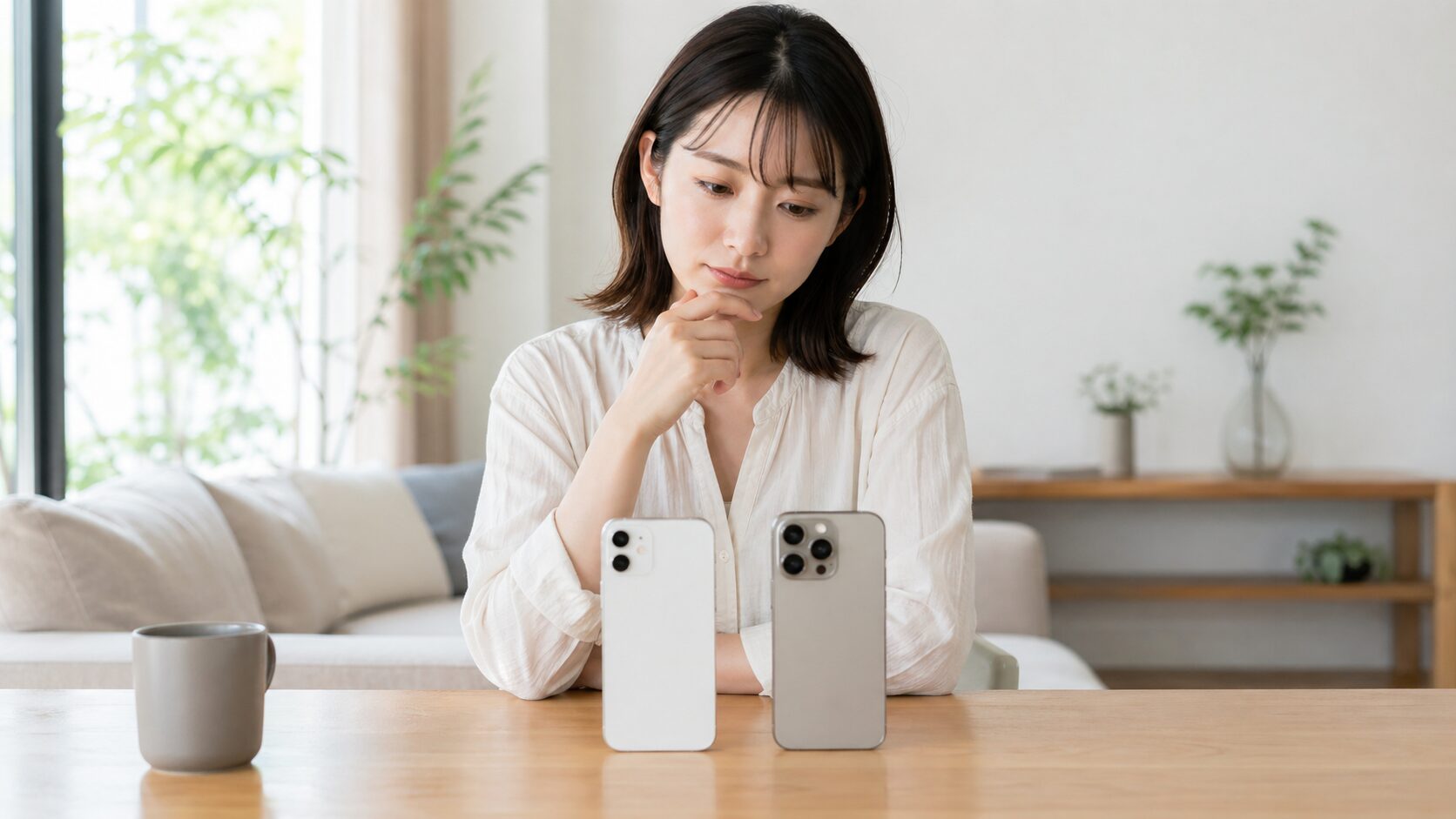 iPhone 17とiPhone 17 Proを比較して購入を検討する日本人女性のイメージ画像