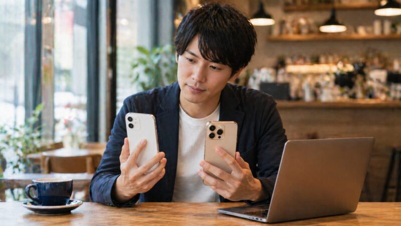 カフェでiPhone 17とiPhone 17 Proの人気や選び方を比較する日本人男性のイメージ画像