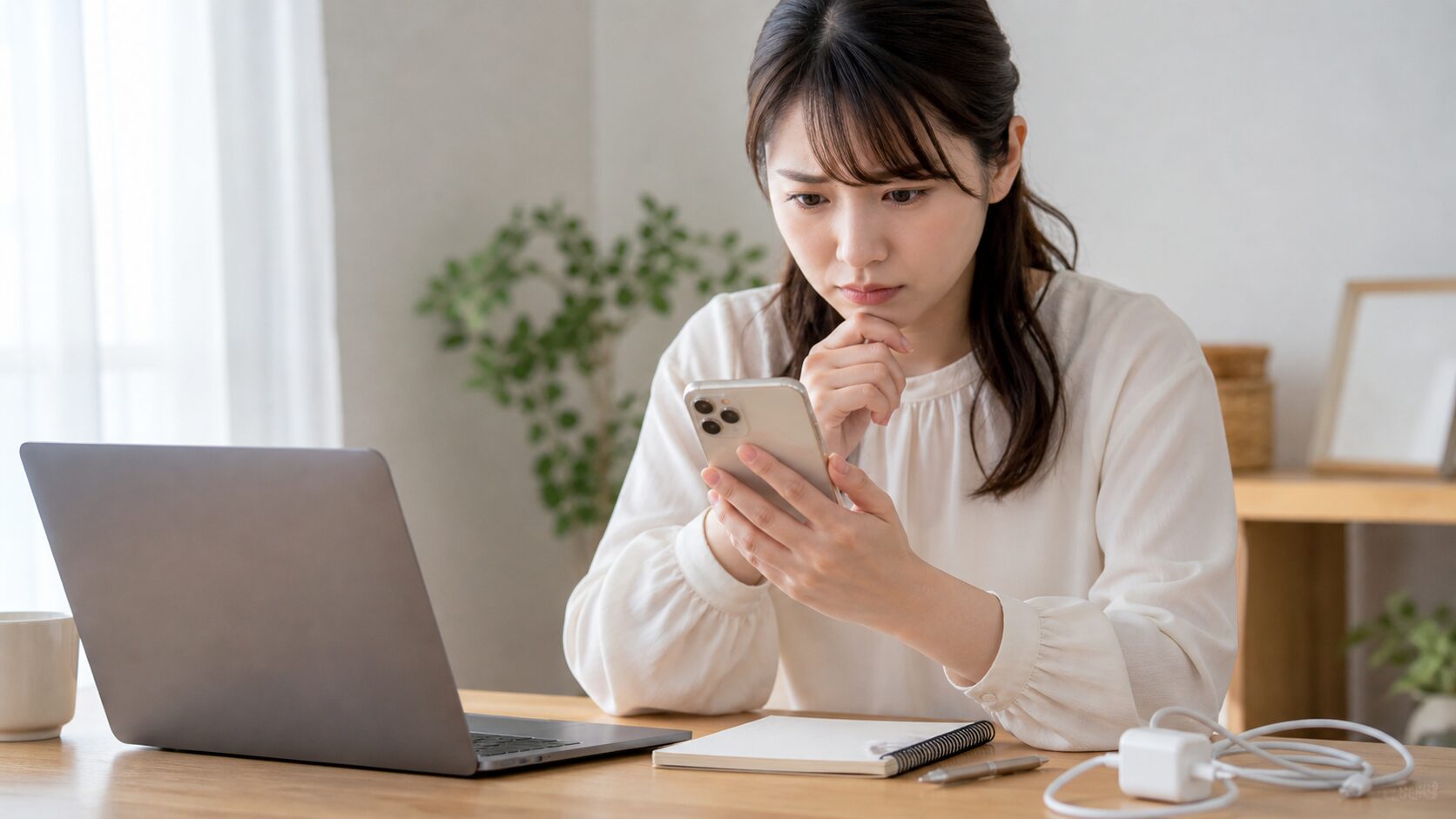 iPhone17の不具合を確認する日本人女性とスマホ、充電ケーブルの写真