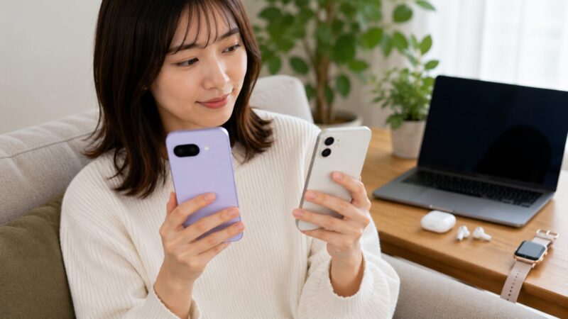 　Pixel 9aとiPhoneの使い勝手やサービス連携の違いを比較する女性