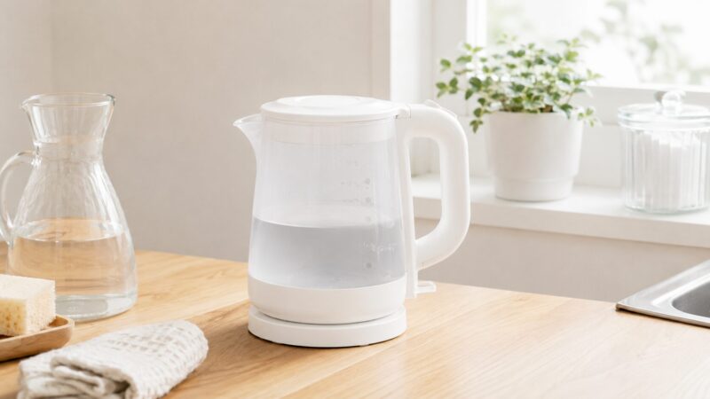 半透明ボディの白い電気ケトル。水量確認と手入れのしやすさを表すET-106風画像。