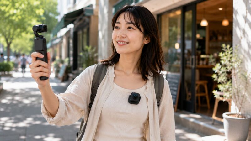 手持ちVlogカメラと装着型POVカメラの用途の違いを比較するイメージ