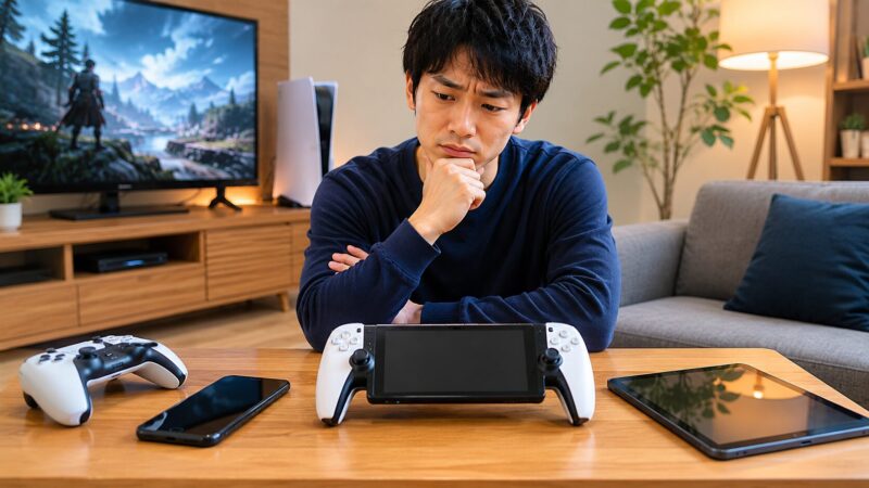 PSポータルが不要かどうか悩む日本人男性と代替デバイス