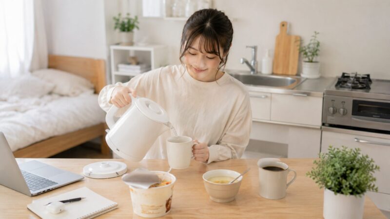 一人暮らしのキッチンで白い電気ケトルを使う日本人女性。ERETTOがおすすめな人を表す画像。
