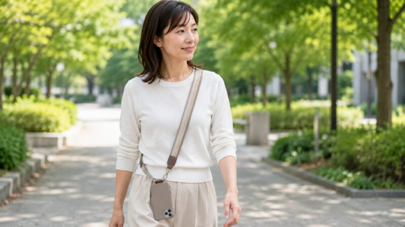 太めのストラップでスマホを体の前側に安全に装着して歩く日本人女性