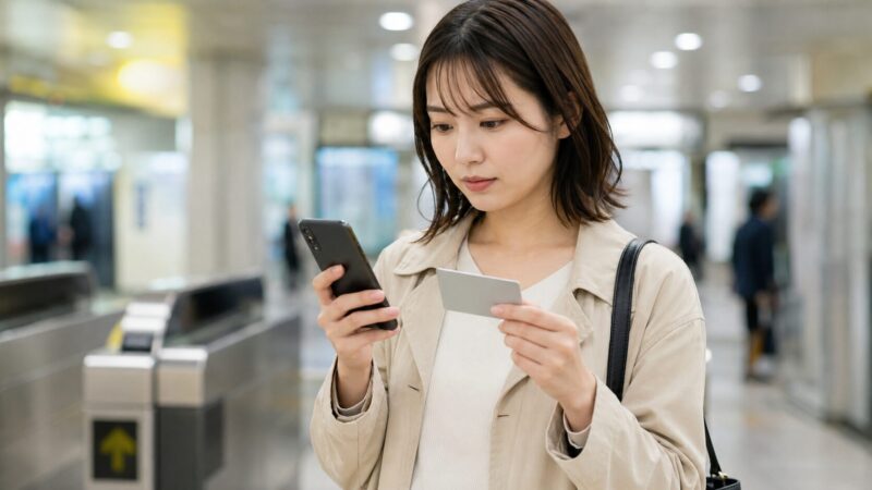 POCO F7 Proのおサイフケータイ非対応を駅改札で確認する女性