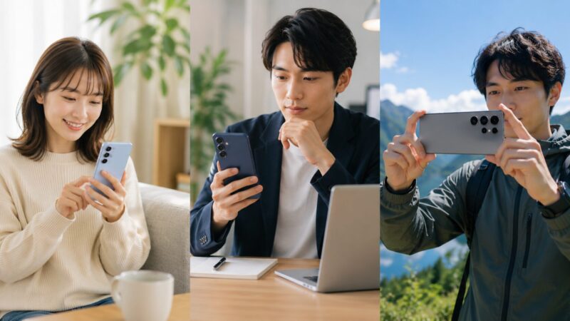 Galaxy S25、S26、S26 Ultraの特徴を用途別に表したイメージ