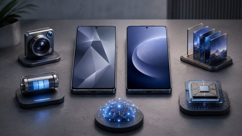 Galaxy S25とS26の性能やカメラやバッテリーの違いを比較するイメージ