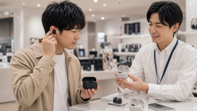 家電量販店でブラックとシルバーのワイヤレスイヤホンを試着確認する日本人男性