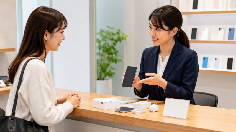 保証付き中古スマホを店舗スタッフに相談して安全に購入する日本人女性