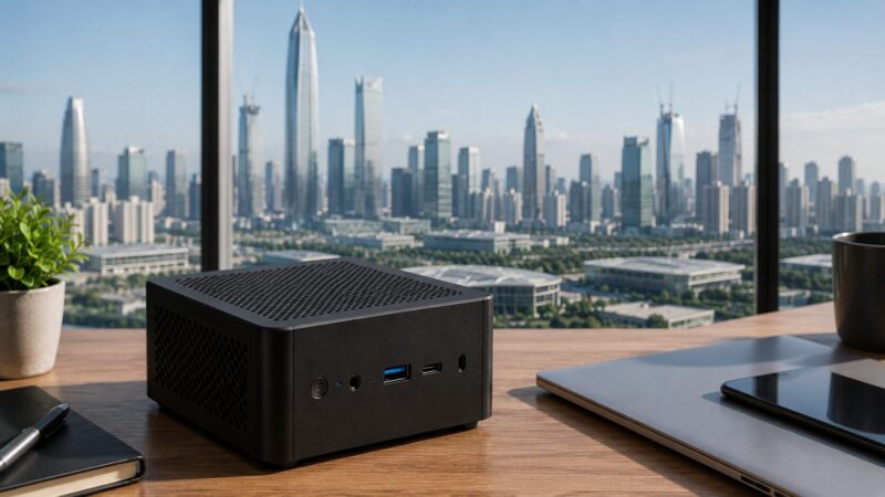 中国深圳発のミニPCメーカーをイメージした都市と製品の風景