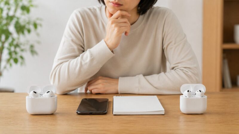 AirPods Pro3とAirPods4のどちらを選ぶか比較しているイメージ