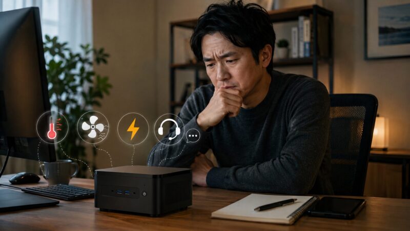 ミニPCの発熱や電源トラブル、サポート不安を検討する日本人男性のイメージ