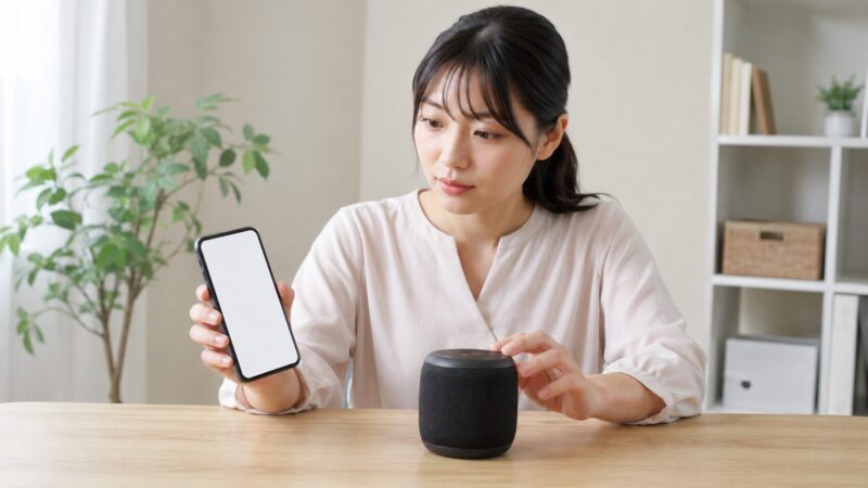 スマートフォンで小型Bluetoothスピーカーの接続状態を確認する日本人女性