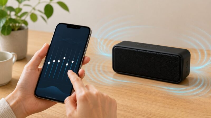 乾いた場所でUSB-C充電している防水Bluetoothスピーカー