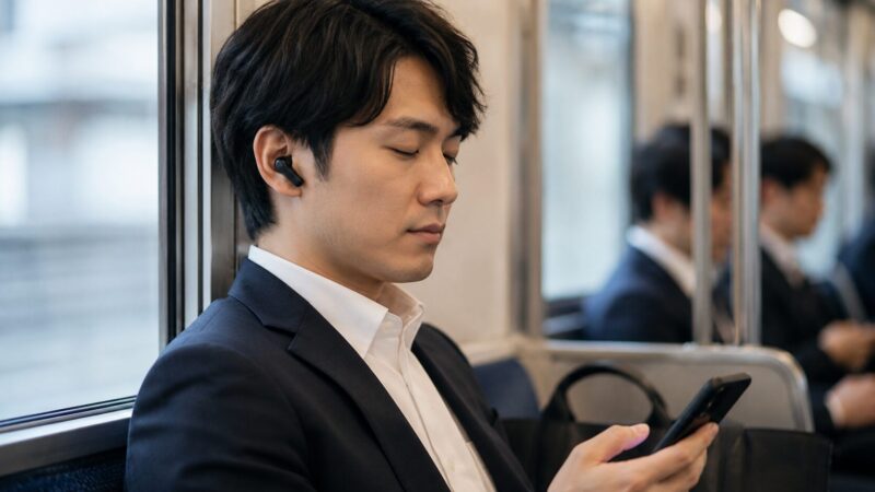 通勤中にノイズキャンセリングイヤホンで音楽に集中する日本人ユーザー