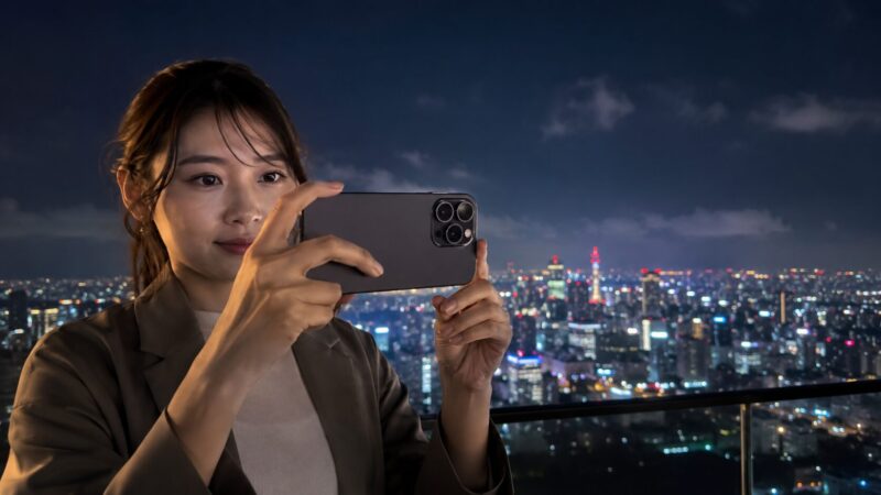 Galaxy S26 Ultraの高性能カメラで夜景を撮影する日本人女性