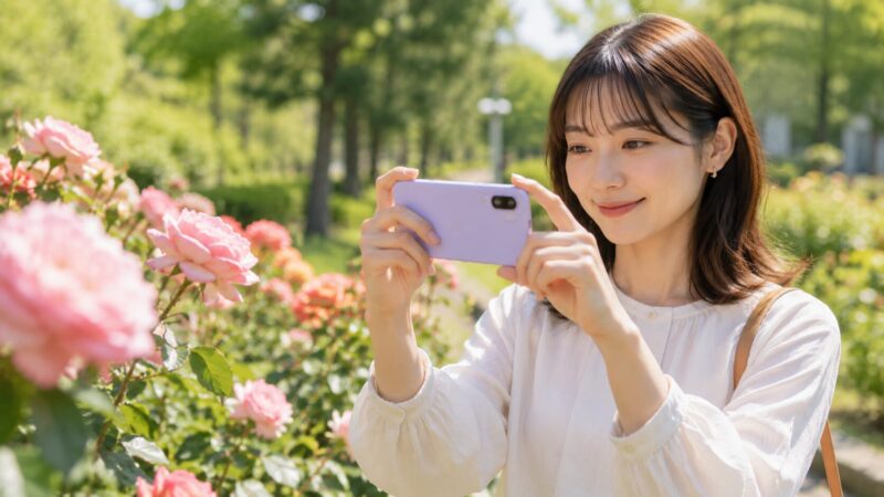 Pixel 9aで花を撮影する日本人女性とカメラ性能のイメージ