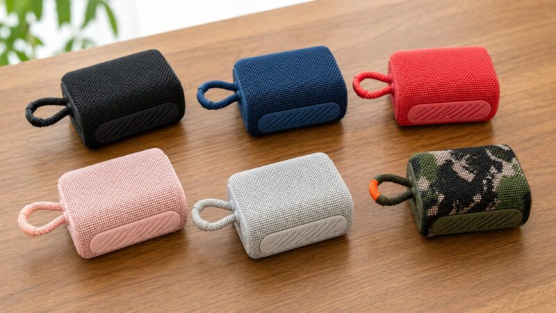 複数カラーの小型Bluetoothスピーカーを並べて色や仕様を比較する様子