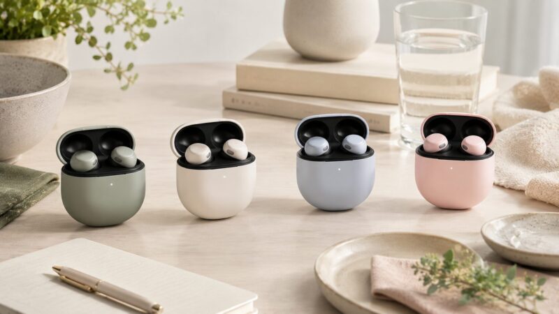 Hazel、Porcelain、Moonstone、Peony風のカラー違いを比較するワイヤレスイヤホンのイメージ