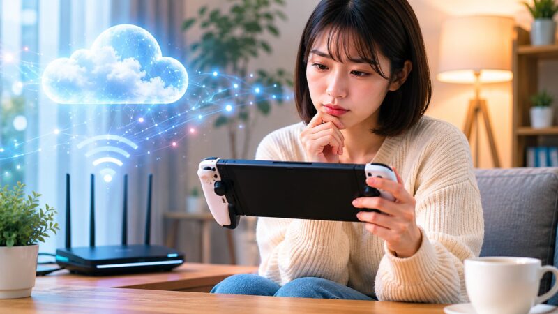 PSポータルのクラウドストリーミング利用と通信環境を確認する女性