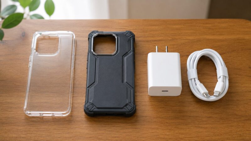 Xiaomi 15T Pro用ケースと急速充電器を確認するアクセサリーイメージ