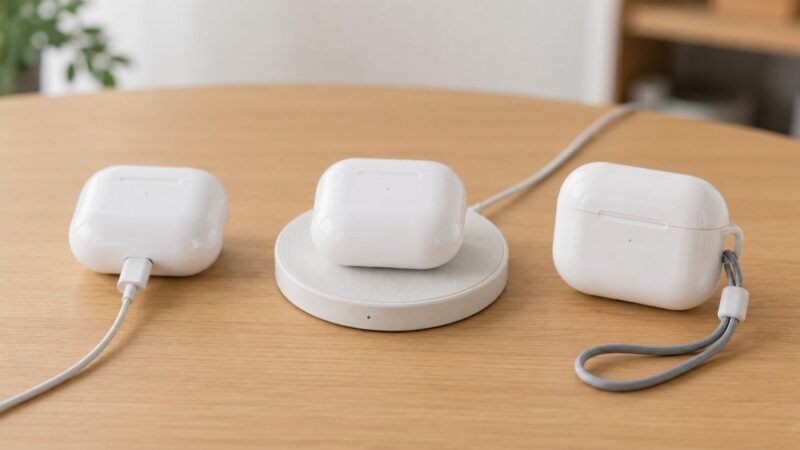 AirPodsの充電ケース機能と充電方法の違いを比較するイメージ