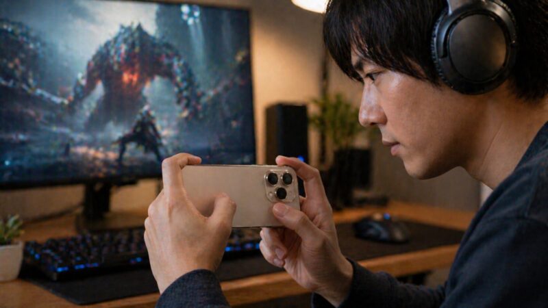 　iPhone 17 Proで高負荷ゲームを快適にプレイする日本人男性のイメージ画像