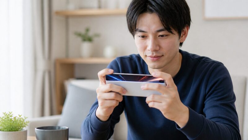 iPhone Airでゲームを楽しむ日本人男性のイメージ