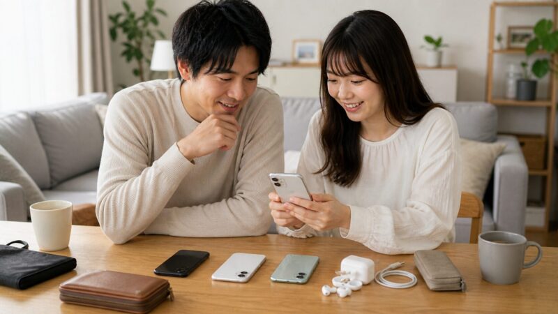 コスパ重視で普段使いに十分なスマホを選ぶ日本人カップル