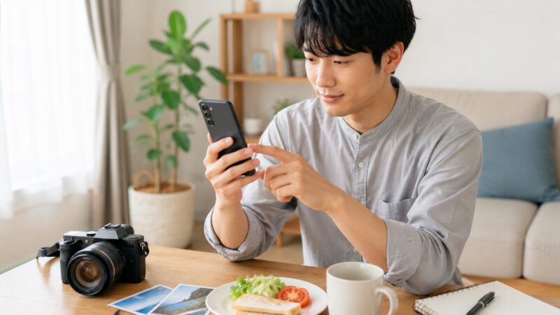 　コンパクトで高性能な型落ちAndroidスマホを確認する日本人男性