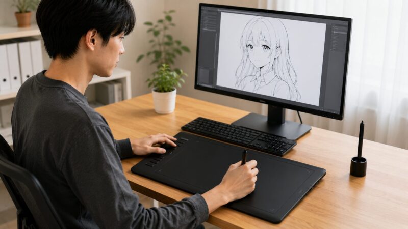 ショートカットキー付きの広い板タブで効率よく描く日本人制作者