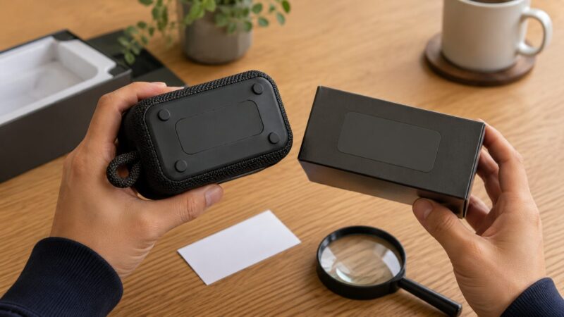 小型Bluetoothスピーカー本体と箱のラベルを照合して確認する手元