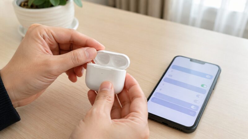AirPodsのシリアル番号をケースとスマートフォンで確認する様子