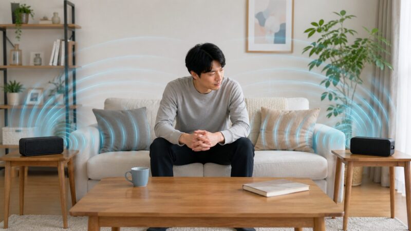 2台のBluetoothスピーカーをリビングに置いて同時再生の音の広がりを確認する日本人男性