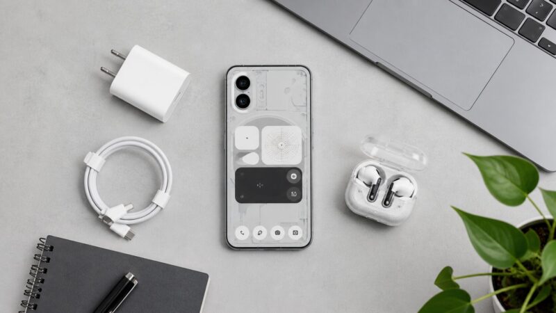 Nothing Phone 4a風スマートフォンと周辺機器を並べたスペック確認イメージ
