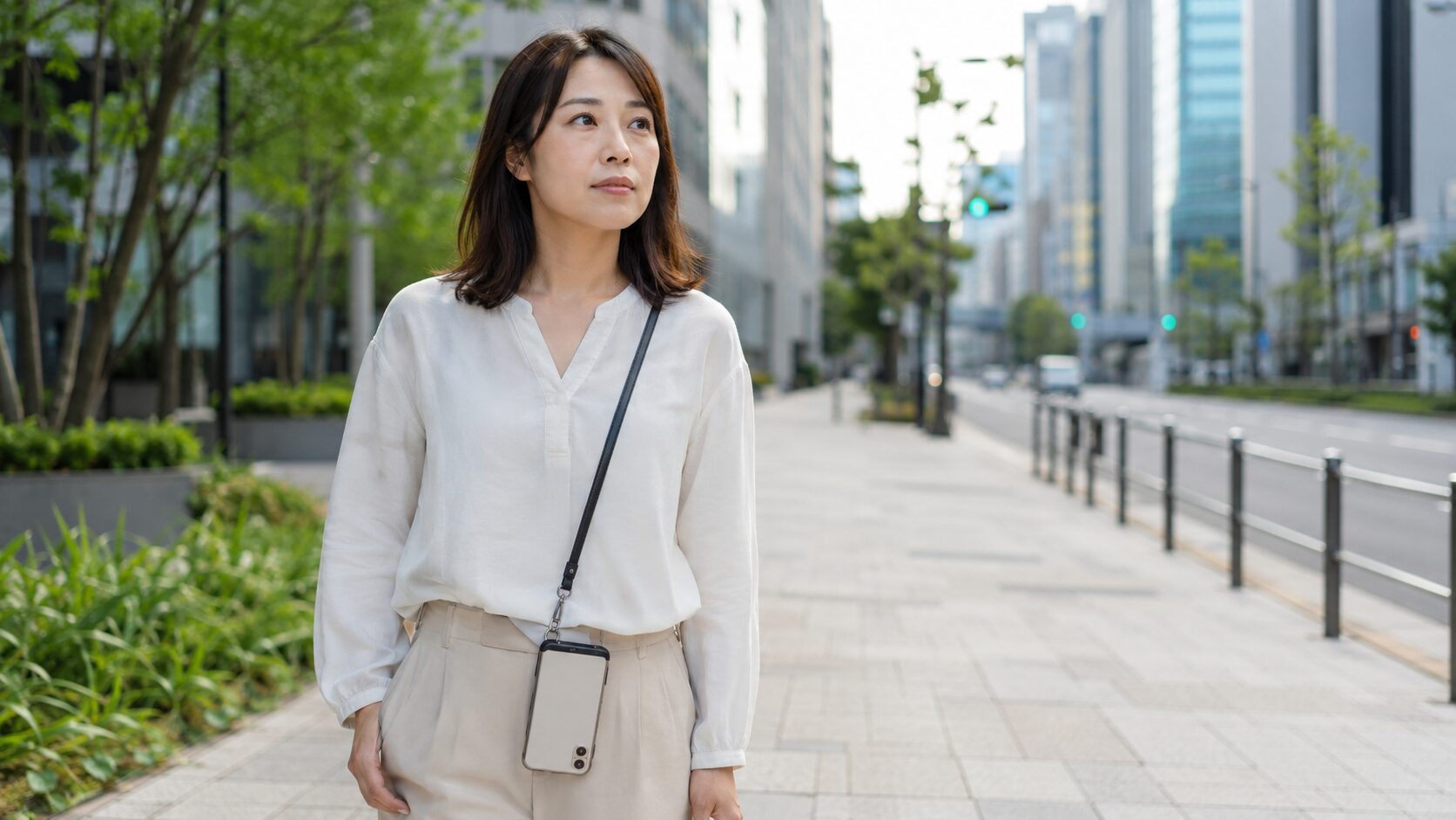 スマホショルダーを前側にかけて安全性を確認する日本人女性