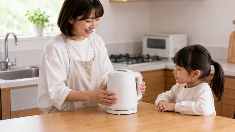 外側が熱くなりにくい電気ケトルを安全に扱う家庭の様子