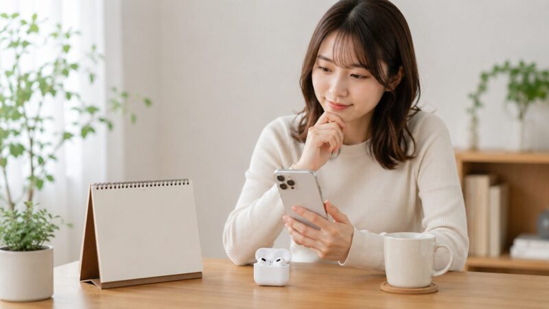 　AirPodsをセールで買うタイミングをスマートフォンで確認する日本人女性のイメージ