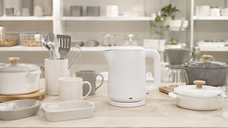 白やグレーのキッチン用品と電気ケトルが並ぶタマハシ製品の特徴を表す画像。